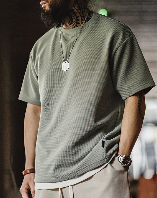 American Casual Waffle Texture Loose Layered Men's T-Shirt - Harmony Gallery