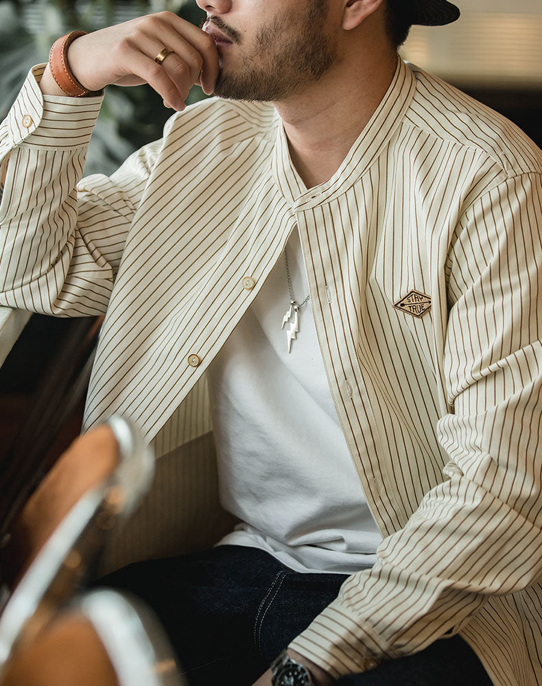Retro Vertical Stripe Stand Collar Loose Men's Baseball Shirt - Harmony Gallery
