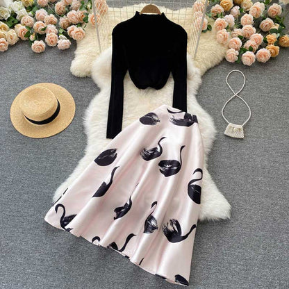 Black Swan Knitted Versatile Printed Skirt Women's Suit - Harmony Gallery