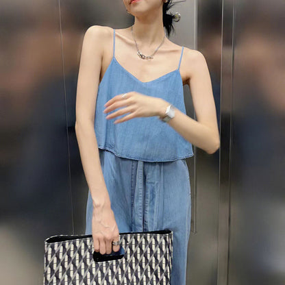 Denim Suspenders Wide-Leg Two-Piece Women's Casual Jumpsuits - Harmony Gallery