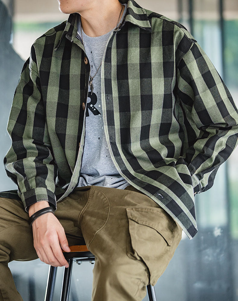 American Retro Profile Heavy Plaid Autumn Men's Shirt - Harmony Gallery