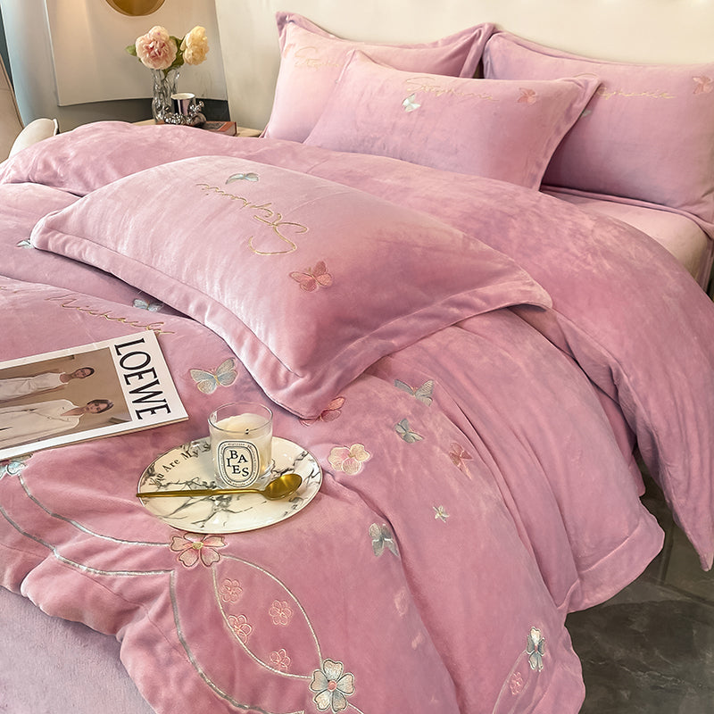 Four-Piece Warm Velvet Embroidery Plush Winter Bed Set - Harmony Gallery