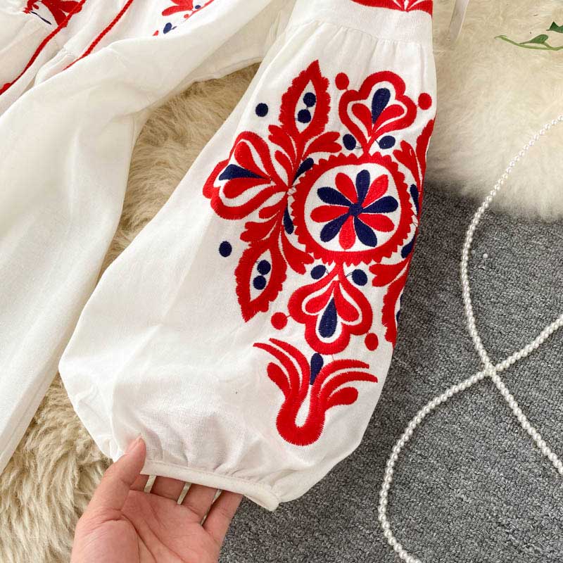 Bohemian Ethnic Style Embroidery Lantern Sleeve Women's Dress - Harmony Gallery