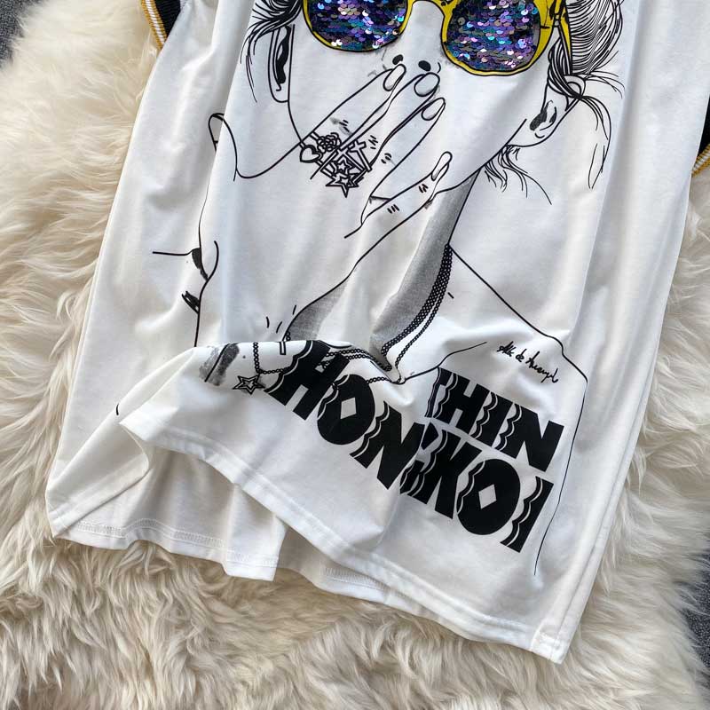 Ghost Horse Girl Character Print Sequined Glasses Summer Top - Harmony Gallery