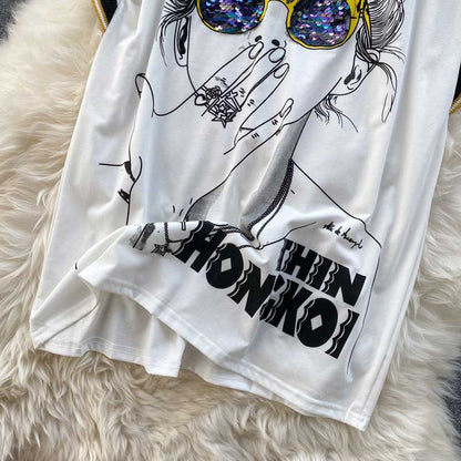 Ghost Horse Girl Character Print Sequined Glasses Summer Top - Harmony Gallery