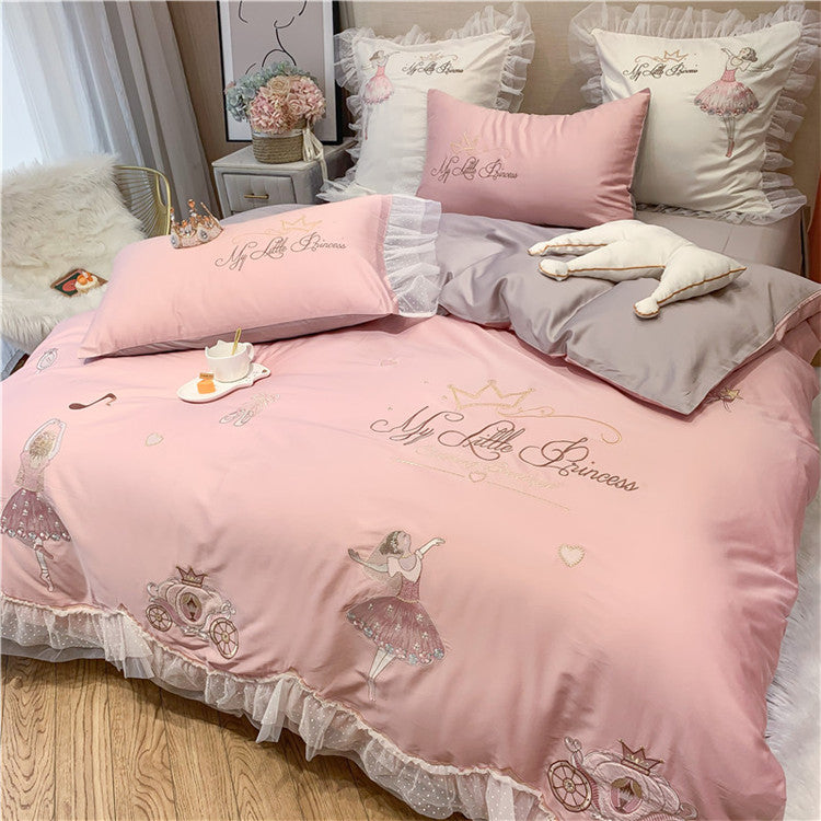 Princess Four-Piece Cotton Ballet Girl Embroidery Bed Set - Harmony Gallery