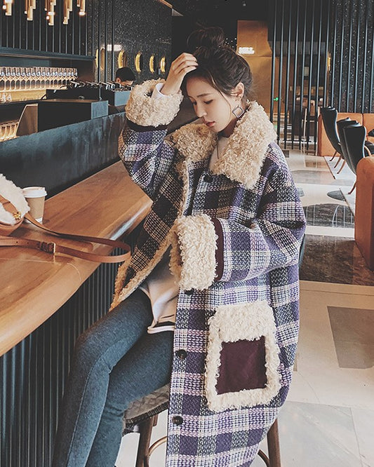 Plaid Lamb Wool Over The Knee Winter Loose Women's Coat - Harmony Gallery
