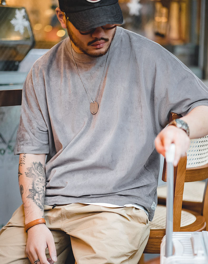 Tooling Retro Faux Suede Loose Soft Waxy Breathable Men's T-Shirt - Harmony Gallery