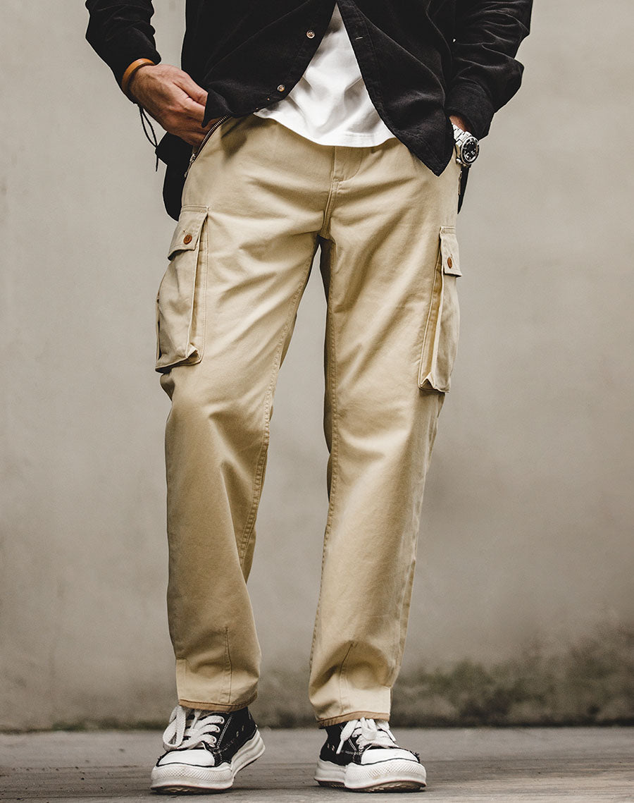 Tooling American Retro Khaki Tapered Casual Men's Trousers - Harmony Gallery