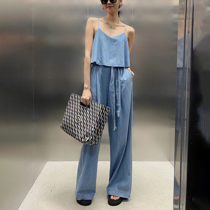 Denim Suspenders Wide-Leg Two-Piece Women's Casual Jumpsuits - Harmony Gallery