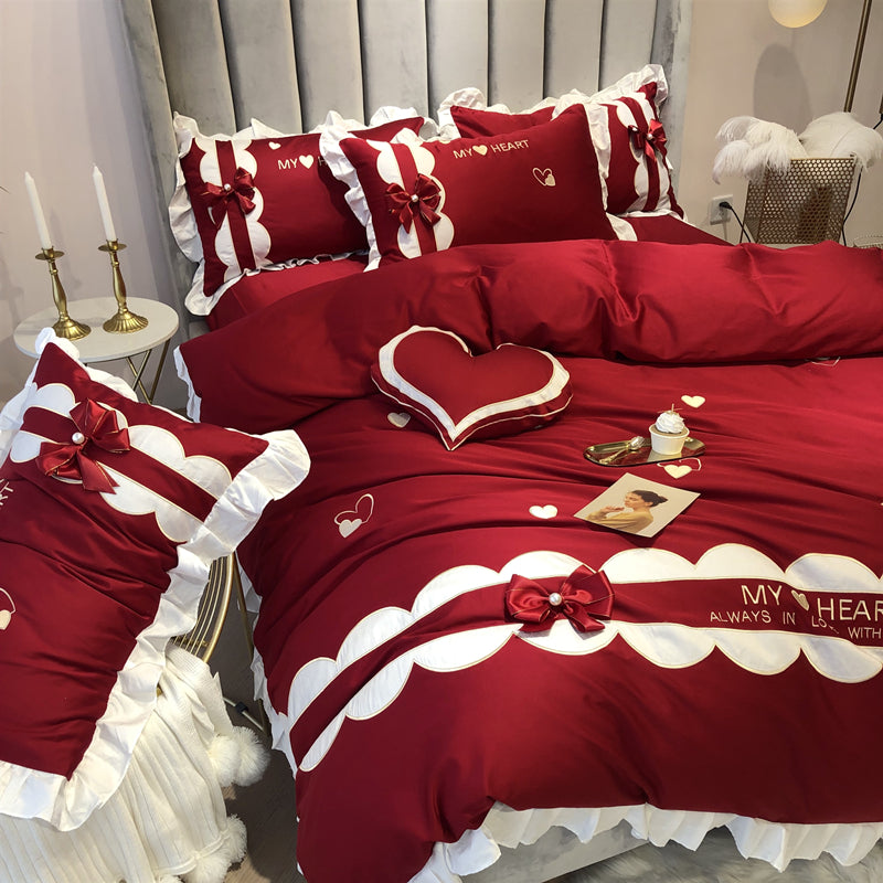 Cotton Heart Embroidery Five-Piece Wedding Bow Ruffle Bed Set - Harmony Gallery