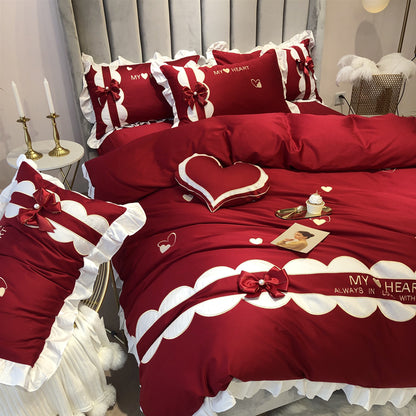 Cotton Heart Embroidery Five-Piece Wedding Bow Ruffle Bed Set - Harmony Gallery