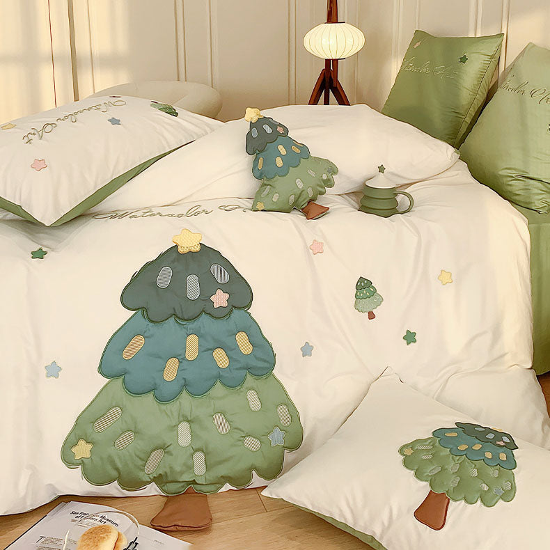 Tree & Stars Embroidery Seven-Piece Soft Cotton Bed Set - Harmony Gallery