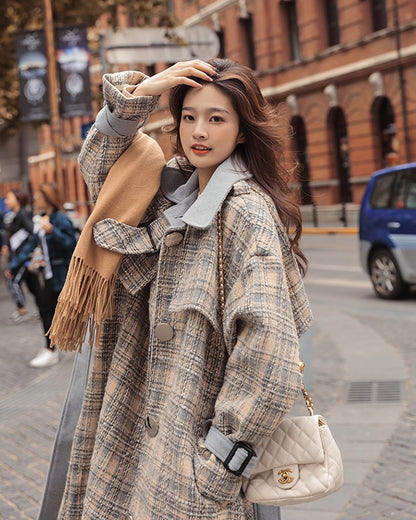 Woolen Over The Knee Loose Plaid Women's Coat - Harmony Gallery