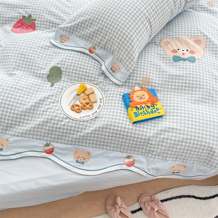 Cute Strawberry Bear Washed Cotton Four-Piece Bed Set - Harmony Gallery