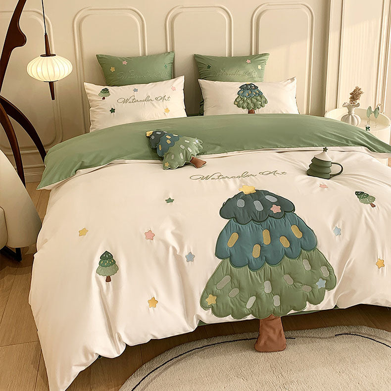 Tree & Stars Embroidery Seven-Piece Soft Cotton Bed Set - Harmony Gallery