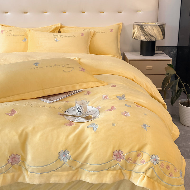 Four-Piece Warm Velvet Embroidery Plush Winter Bed Set - Harmony Gallery