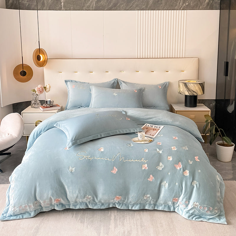 Four-Piece Warm Velvet Embroidery Plush Winter Bed Set - Harmony Gallery