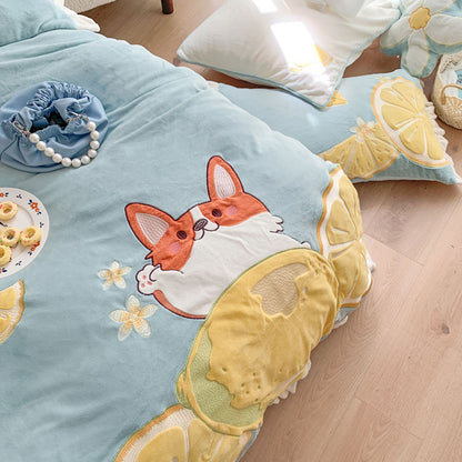 Lemon French Dog Cartoon Velvet Four-Piece Winter Bed Set - Harmony Gallery