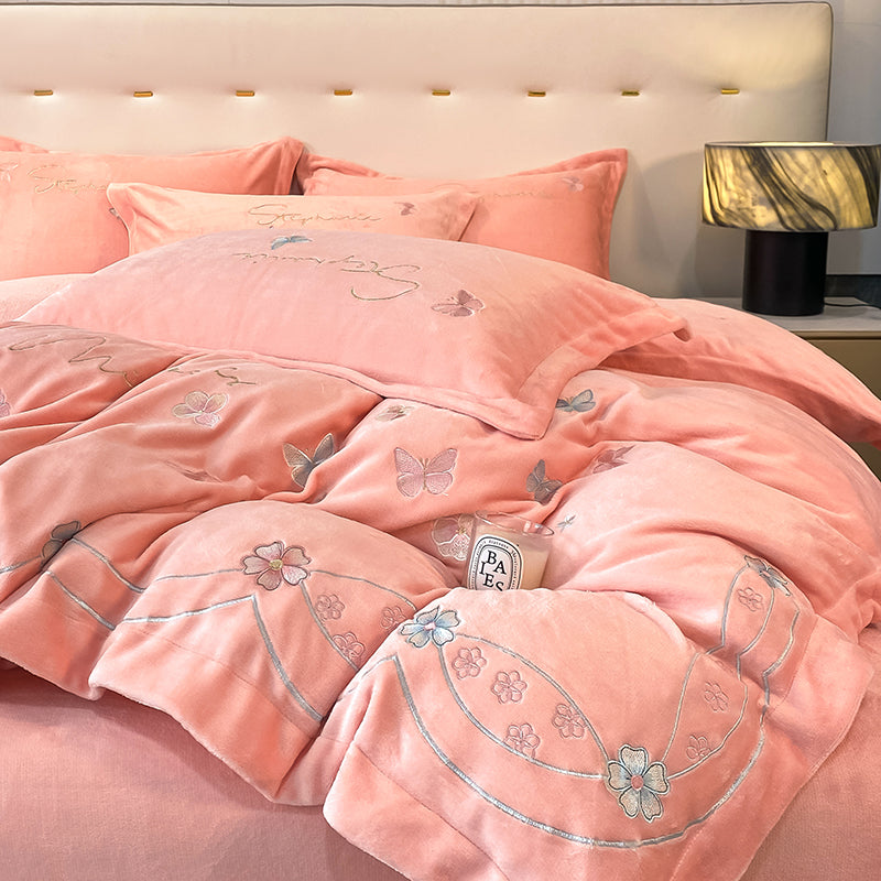 Four-Piece Warm Velvet Embroidery Plush Winter Bed Set - Harmony Gallery