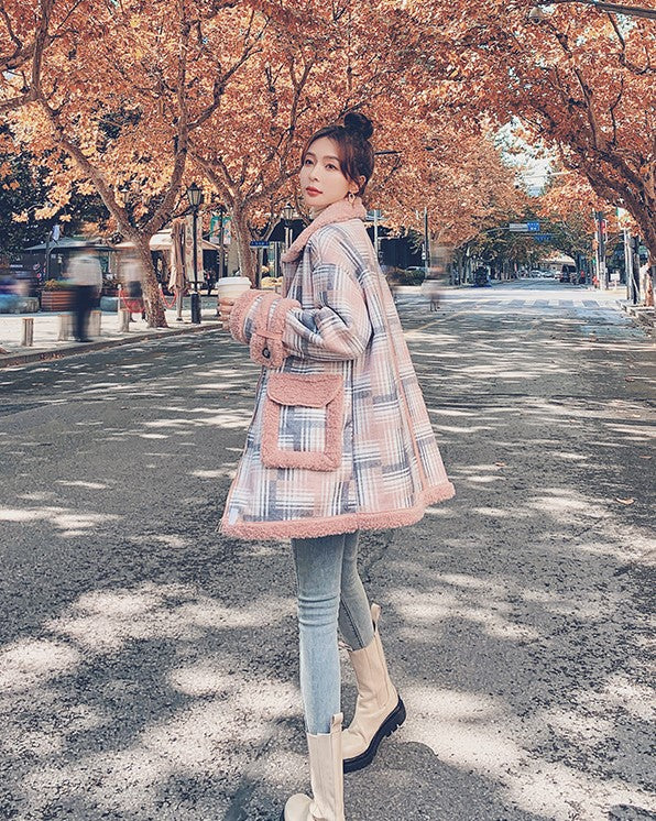 Short Plaid Winter Lamb Loose Cotton Women's Coat - Harmony Gallery