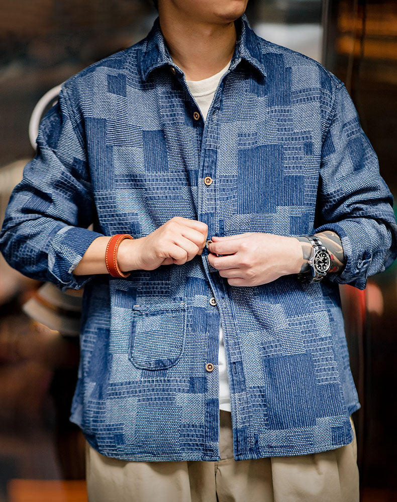American Hundreds Of Cloth Denim Splicing Men's Shirt - Harmony Gallery