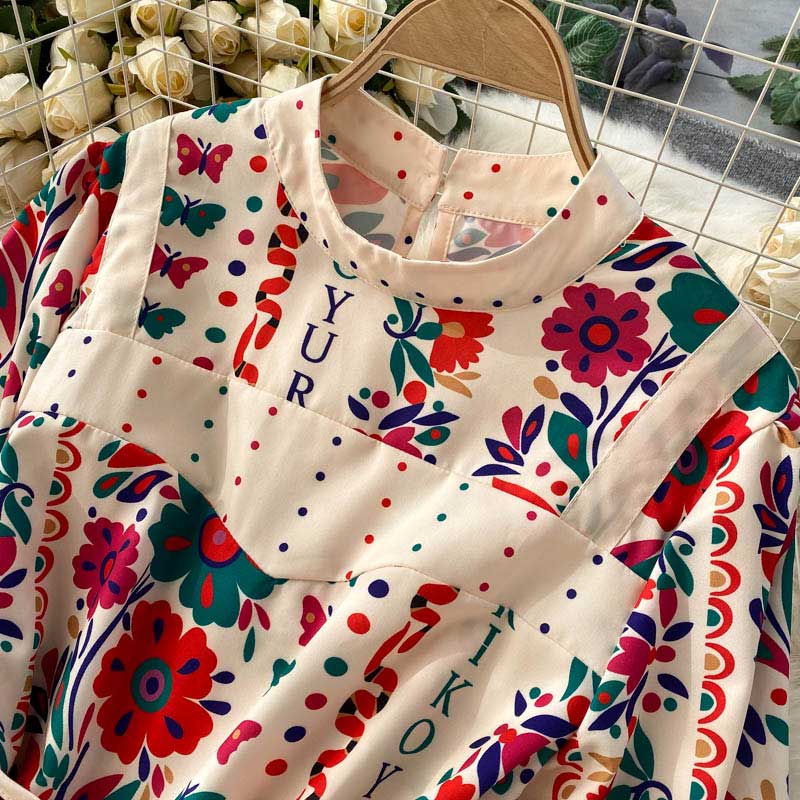 Palace Style Stand Collar Long Retro Printed Women's Dress - Harmony Gallery