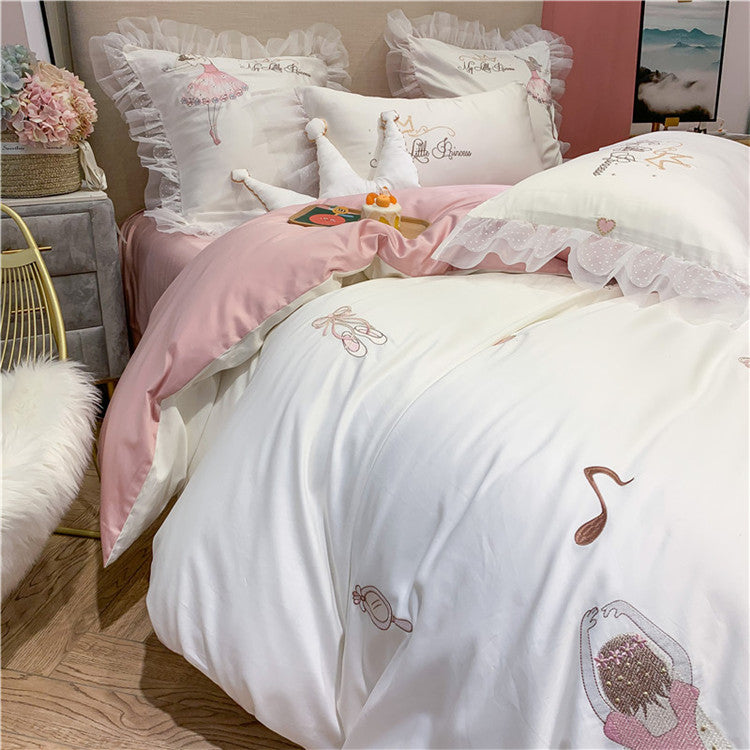 Princess Four-Piece Cotton Ballet Girl Embroidery Bed Set - Harmony Gallery