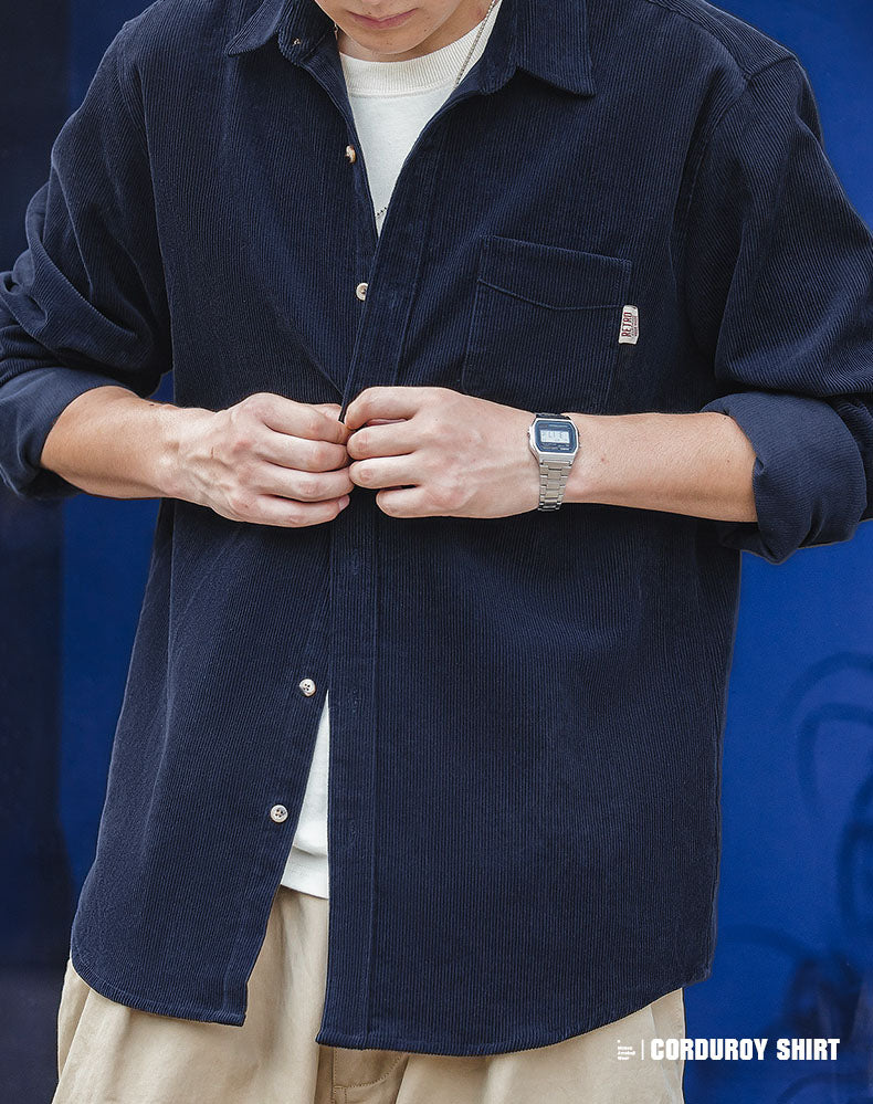 Retro American Casual Corduroy Fold-Over Men's Shirt - Harmony Gallery