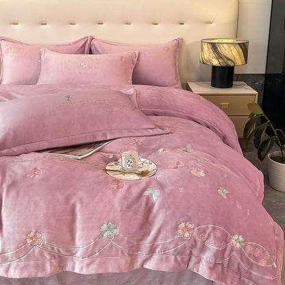 Four-Piece Warm Velvet Embroidery Plush Winter Bed Set - Harmony Gallery