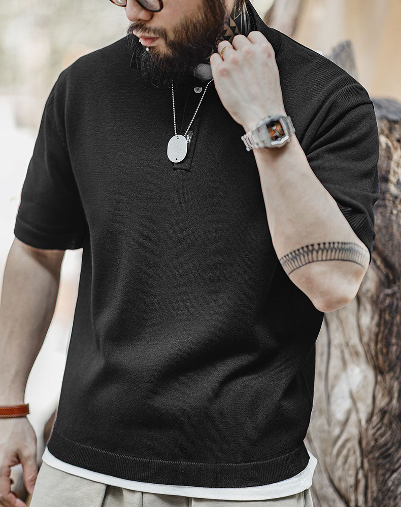 American Casual Lapel Knitted Polo Loose Breathable Men's T-Shirt - Harmony Gallery
