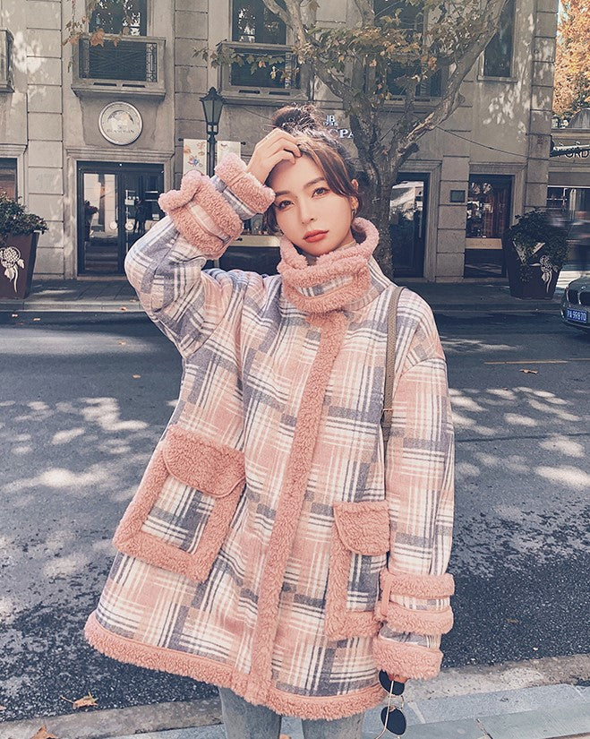 Short Plaid Winter Lamb Loose Cotton Women's Coat - Harmony Gallery