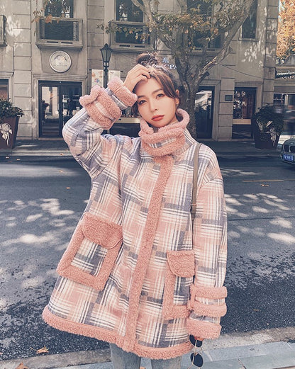 Short Plaid Winter Lamb Loose Cotton Women's Coat - Harmony Gallery