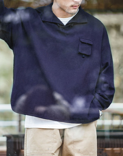 Retro Texture Polo Silhouette Loose Cotton Lapel Men's Sweater - Harmony Gallery