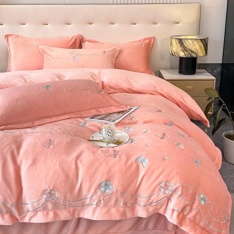 Four-Piece Warm Velvet Embroidery Plush Winter Bed Set - Harmony Gallery