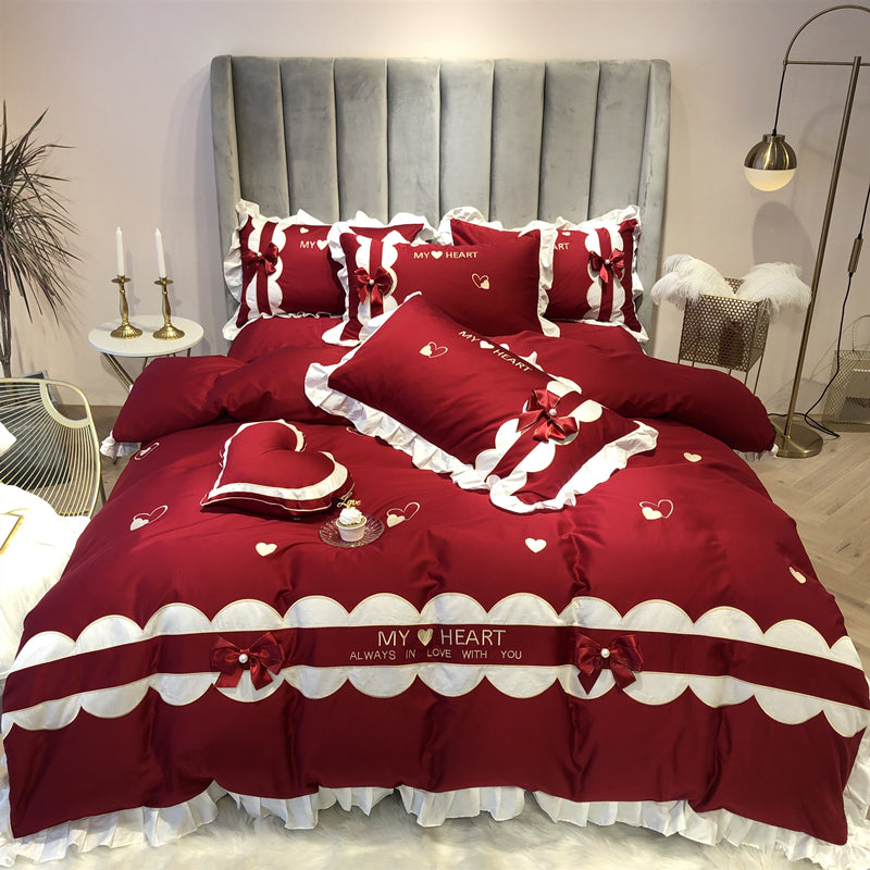 Cotton Heart Embroidery Five-Piece Wedding Bow Ruffle Bed Set - Harmony Gallery