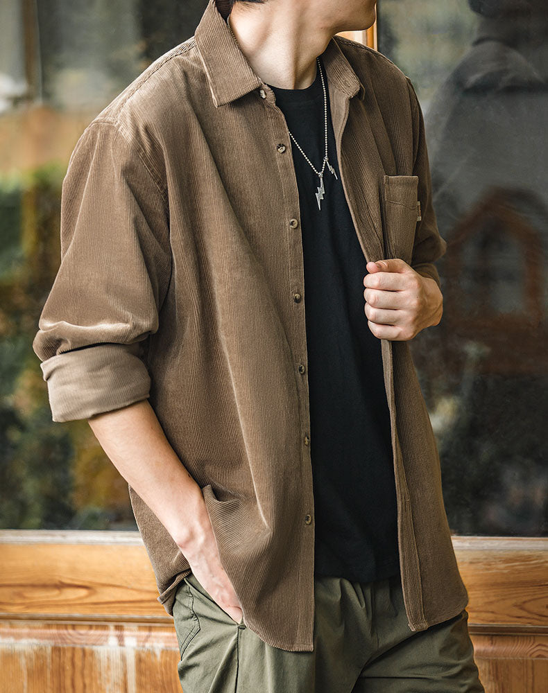 Retro American Casual Corduroy Fold-Over Men's Shirt - Harmony Gallery