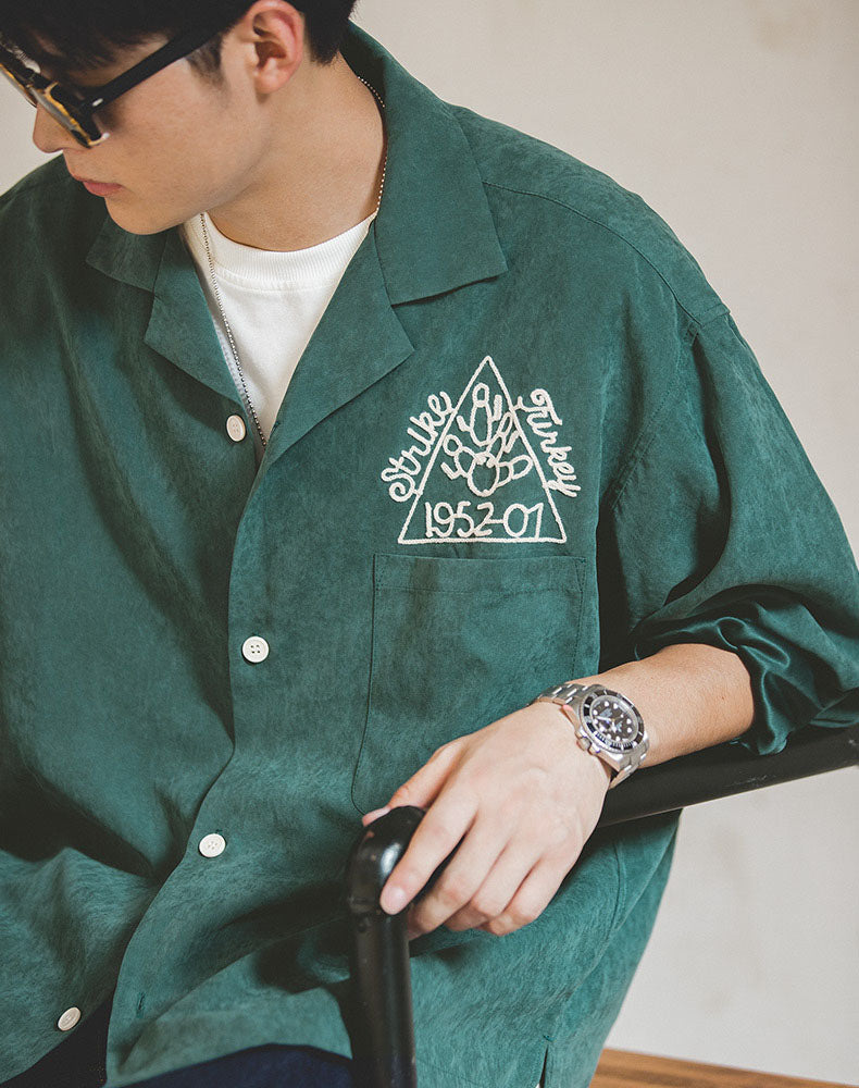 American Retro Brushed Embroidery Loose Men's Shirt - Harmony Gallery