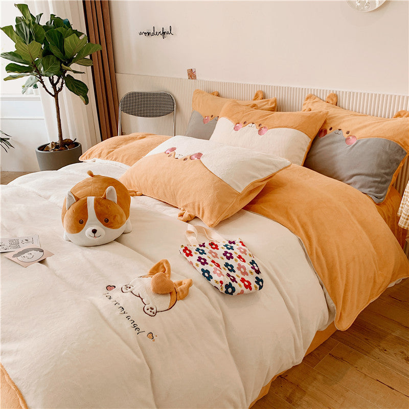 Cartoon Warm Big Butt Milk Velvet Five-Piece Bed Set - Harmony Gallery