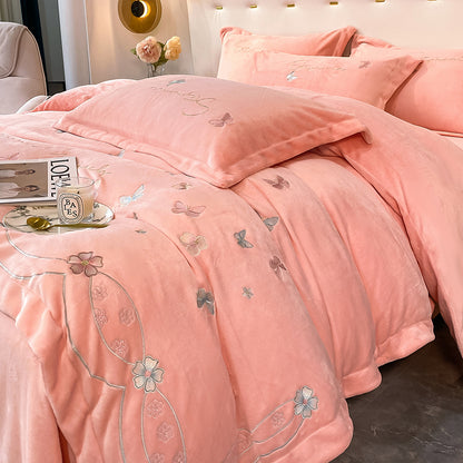 Four-Piece Warm Velvet Embroidery Plush Winter Bed Set - Harmony Gallery