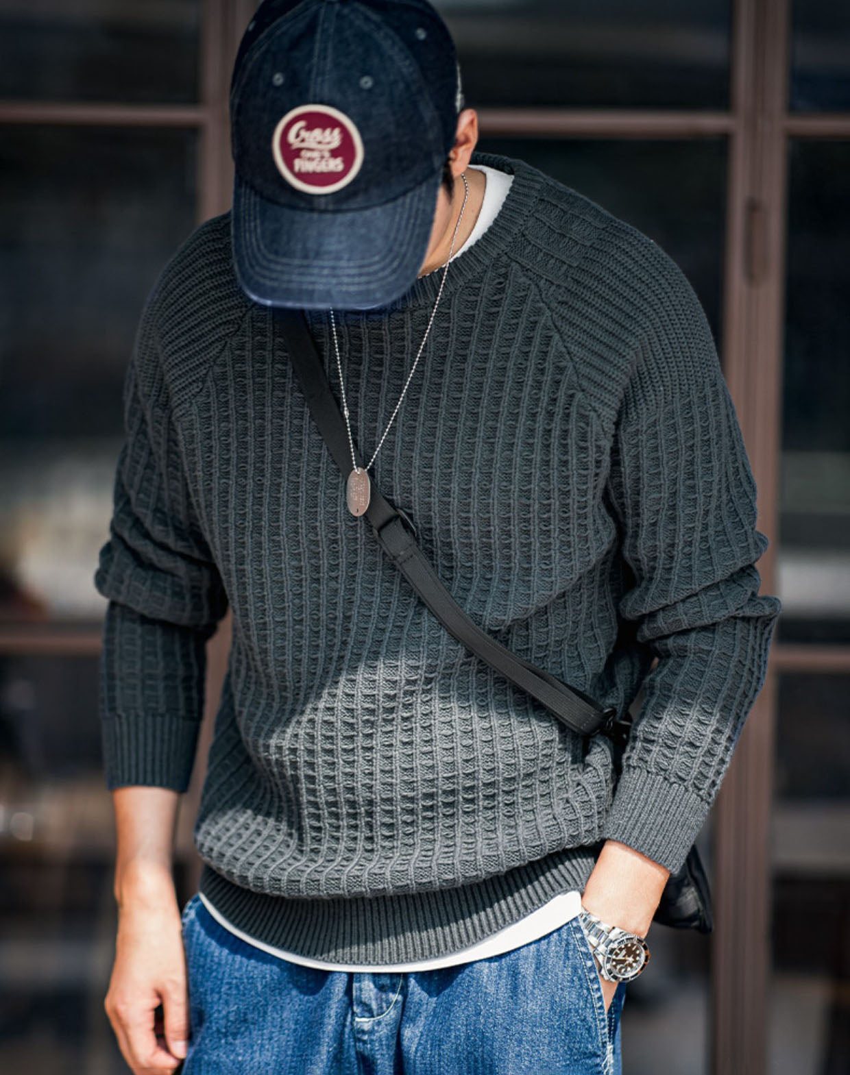 American Casual Waffle Round Neck Warm Pullover Men's Sweater - Harmony Gallery