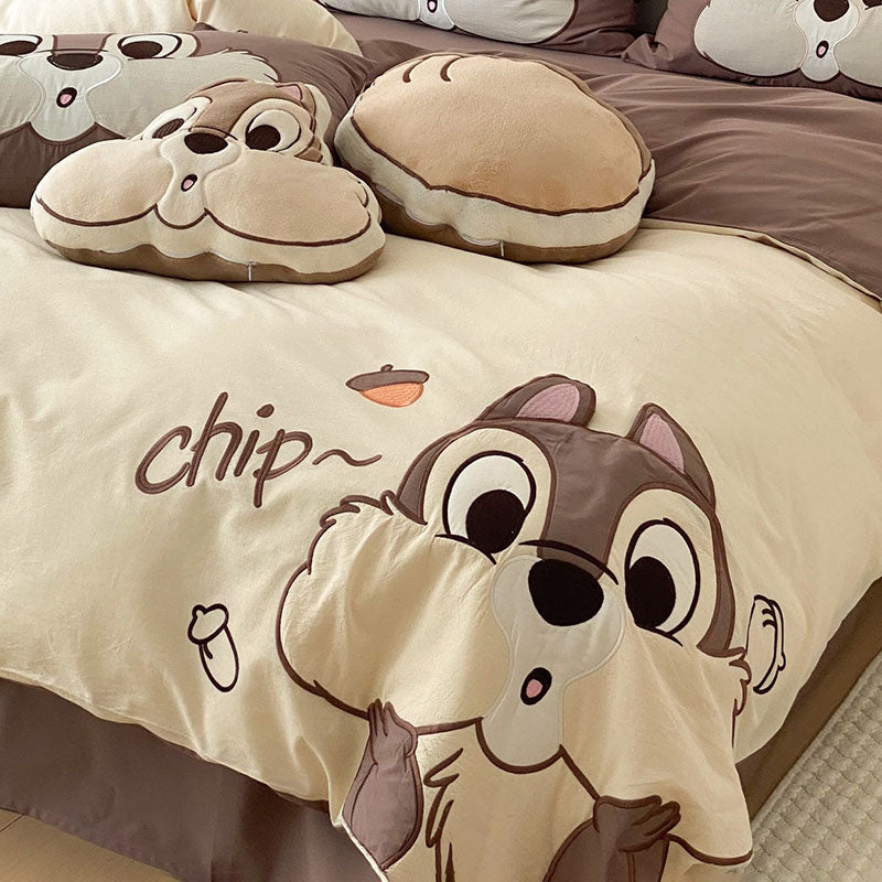 Little Girl Squirrel Cute Cartoon Washed Four-Piece Bed Set - Harmony Gallery