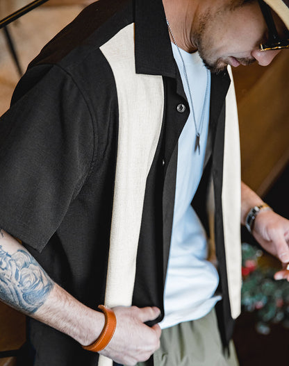 American Bar Collar Stitching Linen Loose Hawaiian Men's Shirt - Harmony Gallery