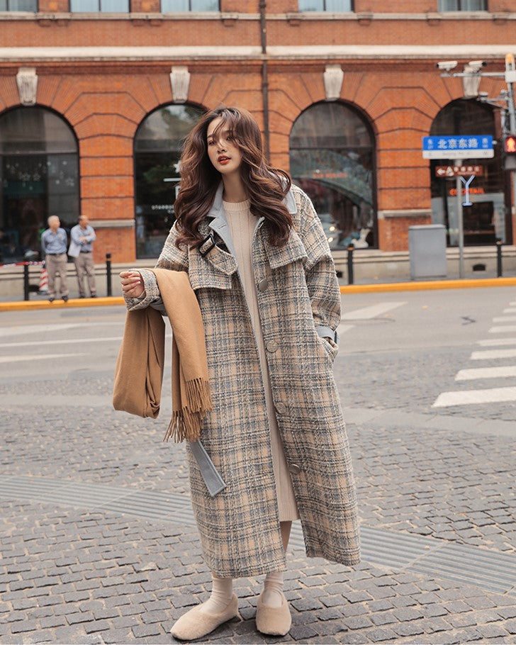 Woolen Over The Knee Loose Plaid Women's Coat - Harmony Gallery