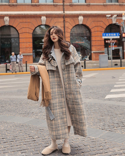 Woolen Over The Knee Loose Plaid Women's Coat - Harmony Gallery