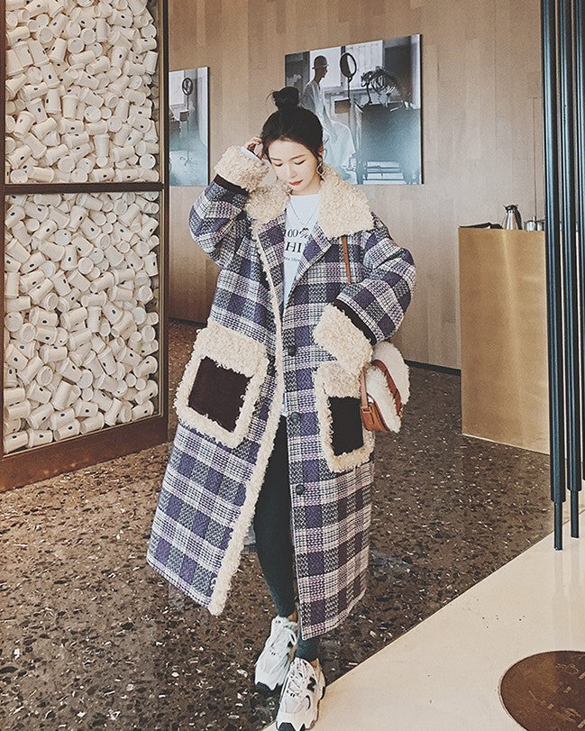 Plaid Lamb Wool Over The Knee Winter Loose Women's Coat - Harmony Gallery