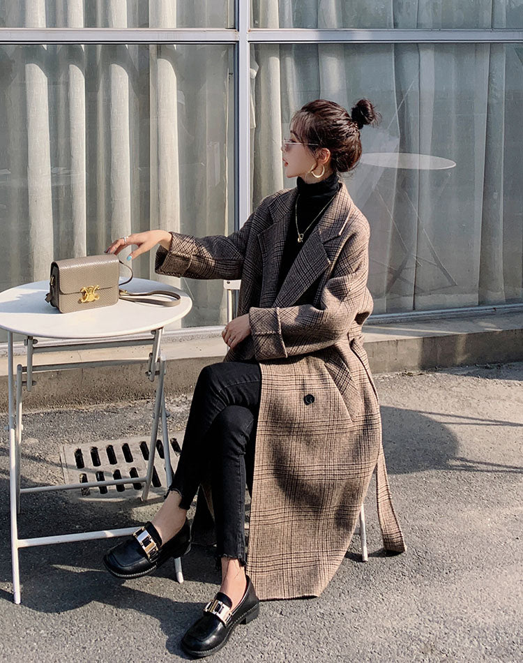 Light Mature Style Plaid Mid-Length Woolen Women's Coat - Harmony Gallery