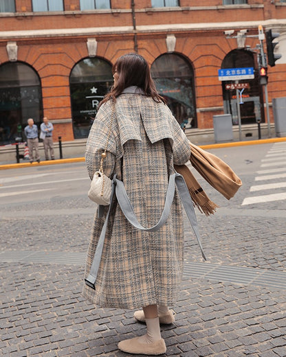 Woolen Over The Knee Loose Plaid Women's Coat - Harmony Gallery