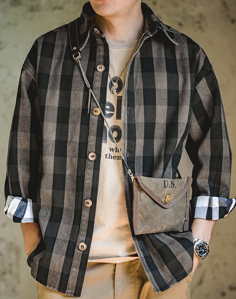 American Retro Profile Heavy Plaid Autumn Men's Shirt - Harmony Gallery