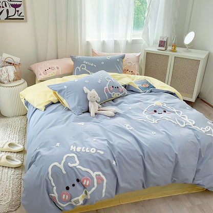 Cute Bunny Cotton Washed Cotton Four-Piece Cartoon Bed Set - Harmony Gallery